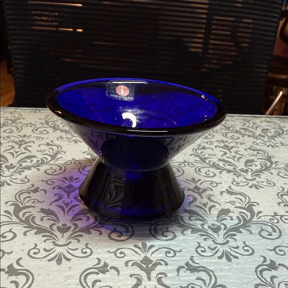 Iittala Kartio Elegant Vintage Cobalt Blue Glass Candle Holder by Kaj Franck